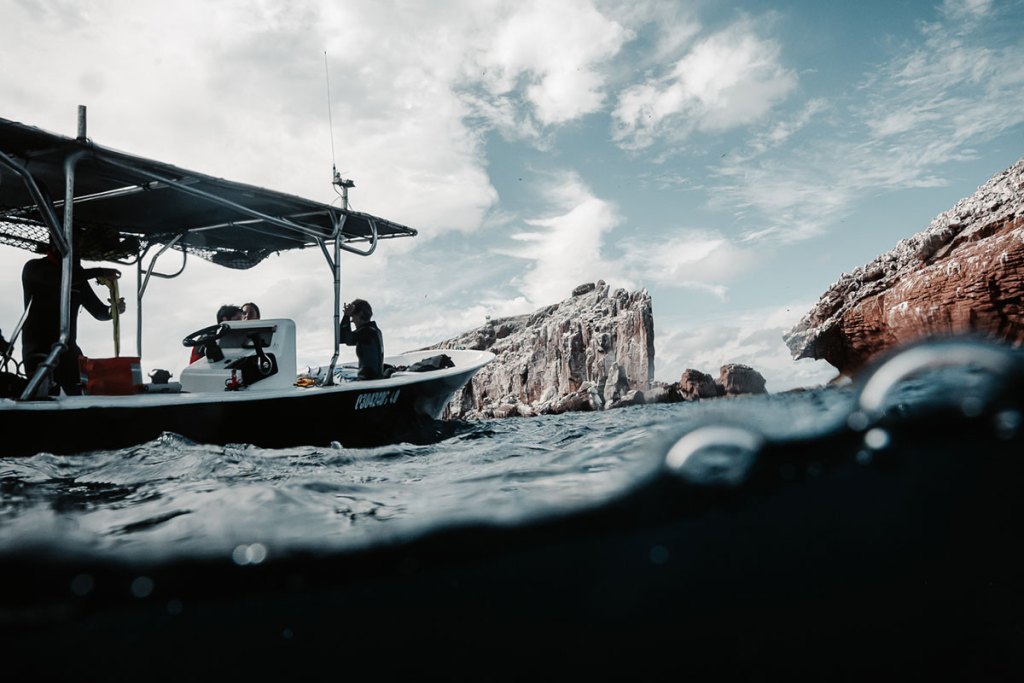 Mind the Seas expedition boat beside the rocky coastline of Los Islotes